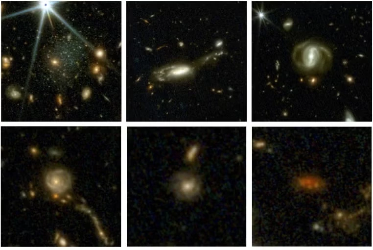 Six images of galaxies taken from nearly 800,000 in the total compiled image. From upper left to lower right: the present-day universe, and 3, 4, 8, 9 and 10 billion years ago