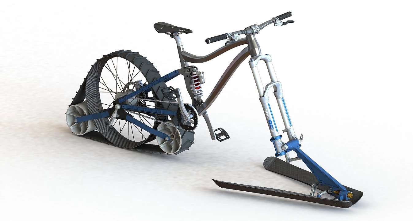 The bike uses a rear track drive and front ski setup