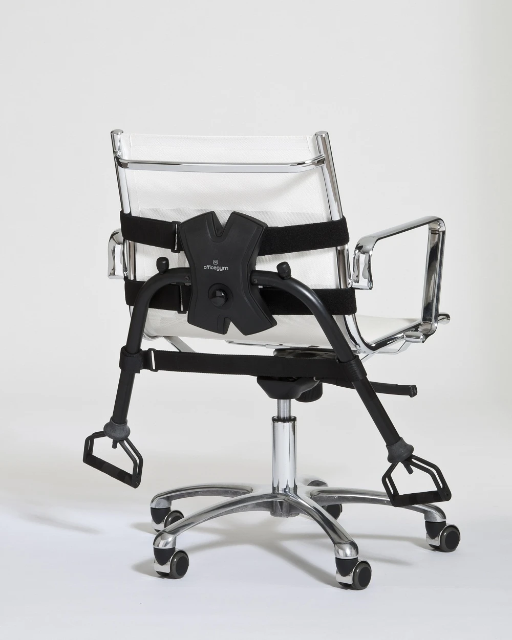 OfficeGym attached to a chair and ready for use in the down position