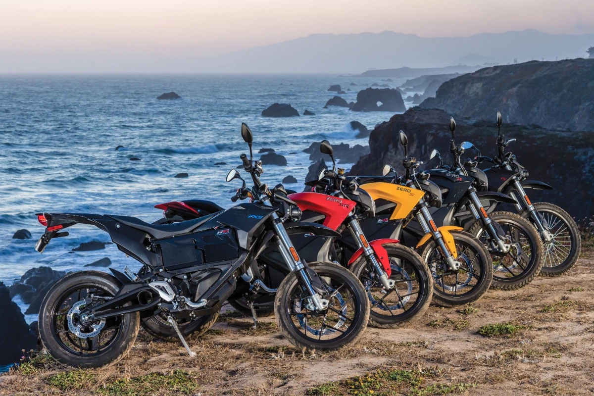 2016 Zero Motorcycles lineup: The FXS supermotard, with the SR and S streetbikes, the DSR dual-sport and the FX dirtbike.