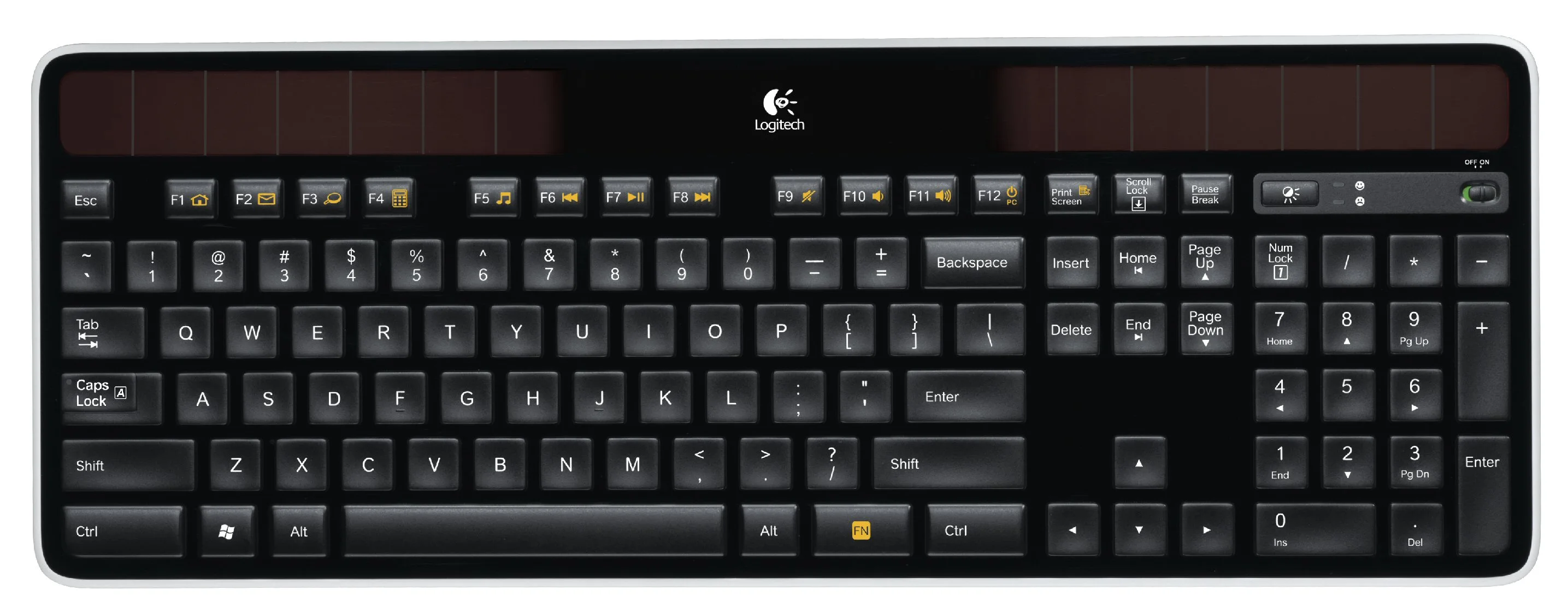 The K750 is a cordless keyboard that connects wirelessly with Logitech's low profile Unifying receiver over a 128-bit AES encrypted, 2.4GHz connection
