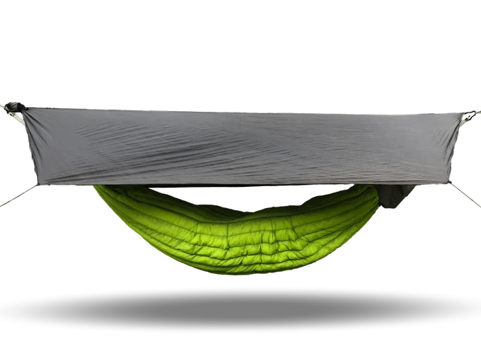 The Swayy Eira hammock comes with a rainfly that can be suspended from a ridge line above