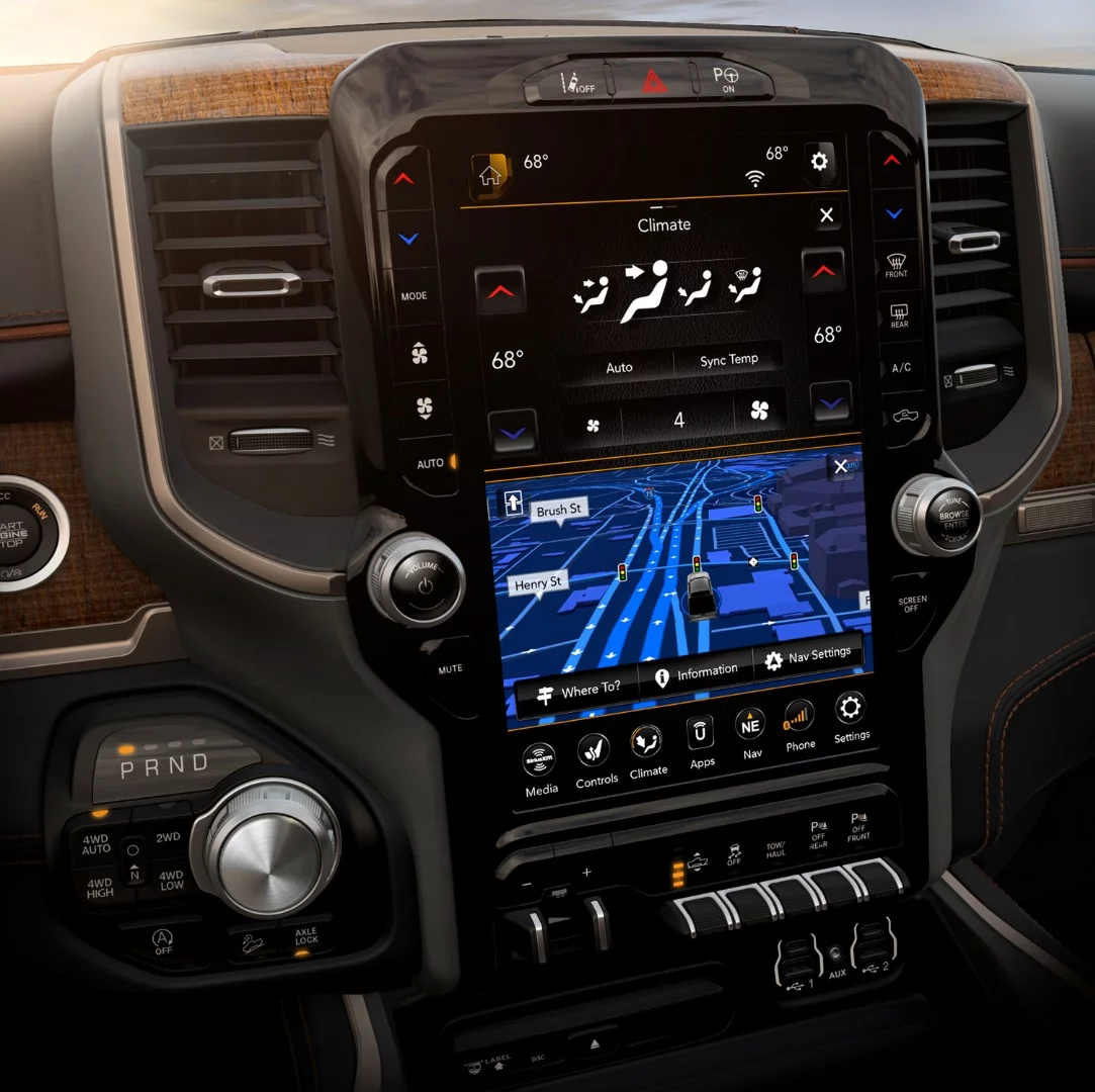 3-D navigation maps can be shown in half-screen or on the smaller 8.4-inch touchscreen option in the 2019 Ram 1500