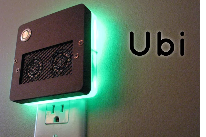 The ubiquitous computer (or Ubi for short) is an always-on, voice-activated, Wi-Fi-connected computer that listens for vocal questions and commands from a user, and responds in a synthesized voice or via multi-colored LED status indicator lights