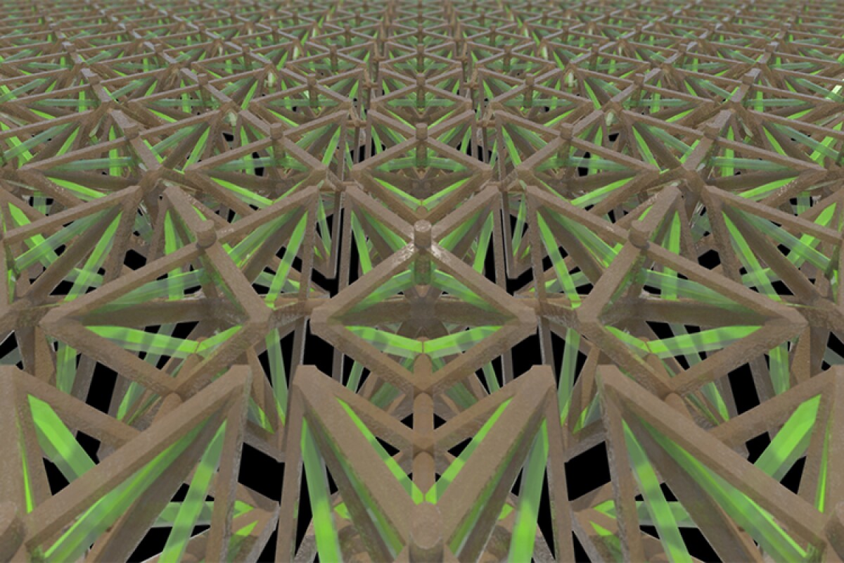 A bi-material microlattice structure, 3D printed from polymer and a polymer/copper composite material, can flex inward, causing the structure to contract when exposed to heat over a range of tens to hundreds of degree