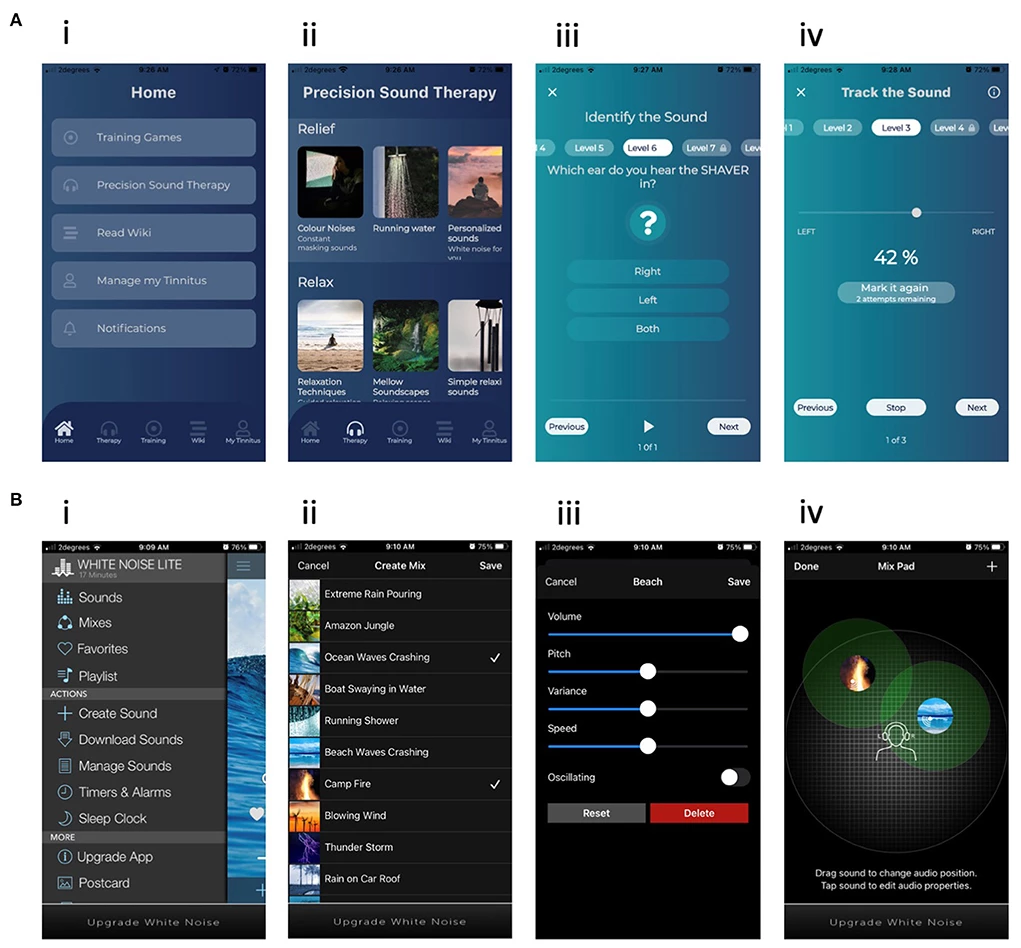 Top: screenshots from the polytherapeutic app. Bottom: screenshots from the White Noise Lite app