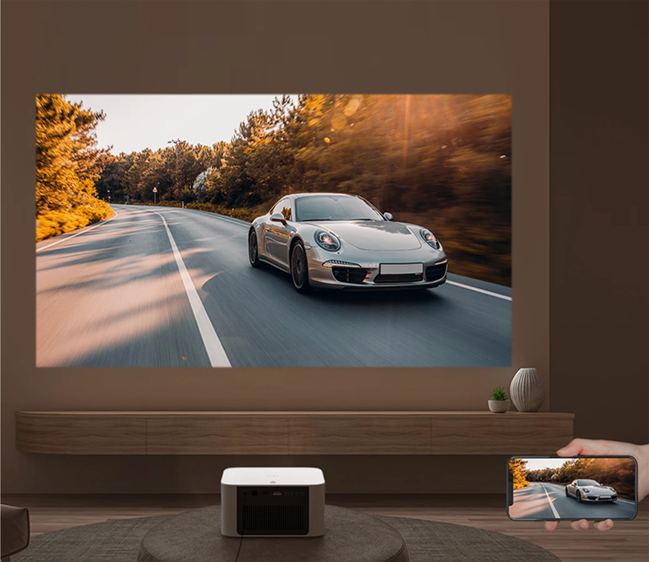 Content from a smartphone screen can be shared via the included Mirrorcast app