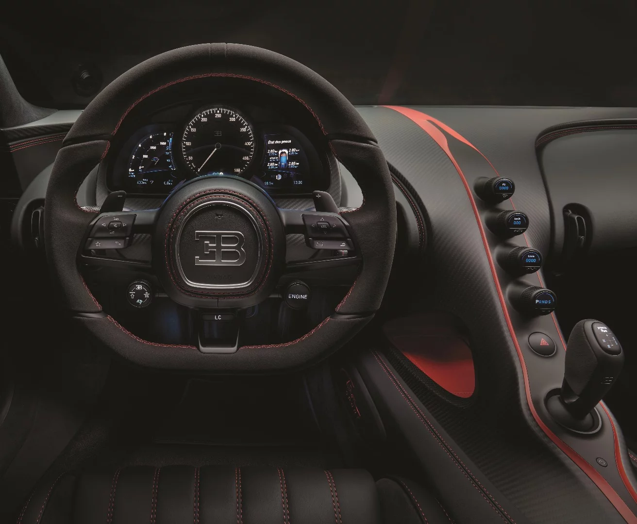 The driver's cockpit in the Bugatti Chiron Sport features an enveloping design meant for performance appeal