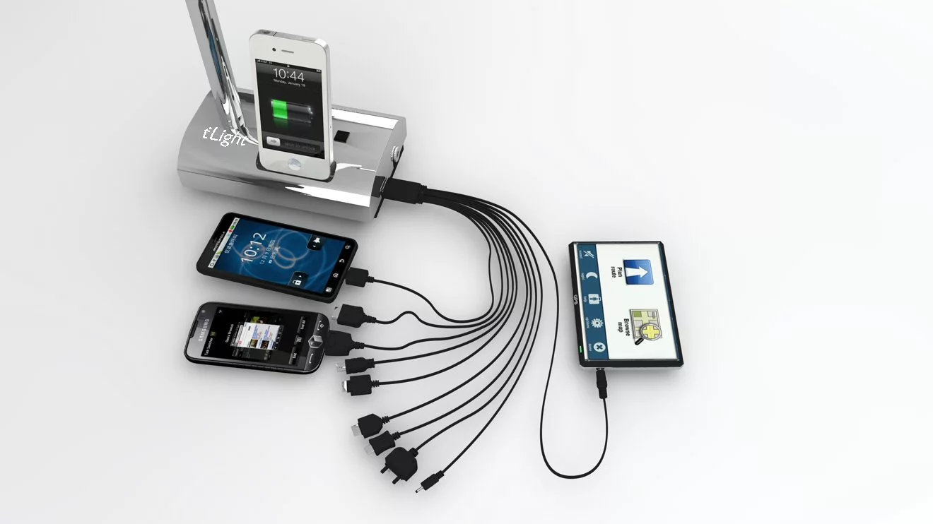 The t'Light comes with multi-tip connection cables for various brand mobile phones and notebooks