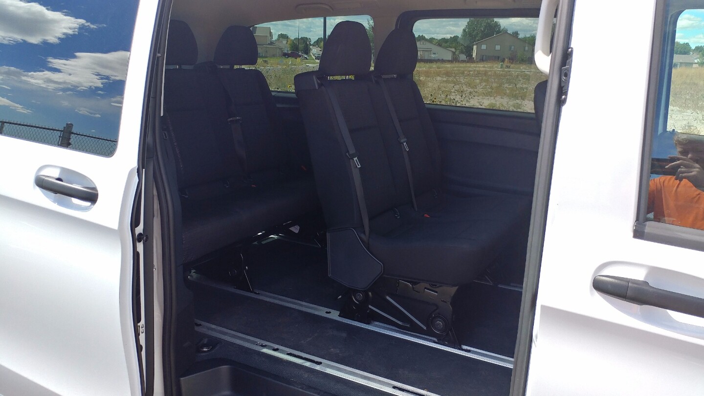 In the standard two-row, five rear passenger arrangement of the Mercedes-Benz Metris Passenger, up to five people can climb in the wide-opening rear door and find a seat thanks to a nice pass-through with the sixth-seat delete