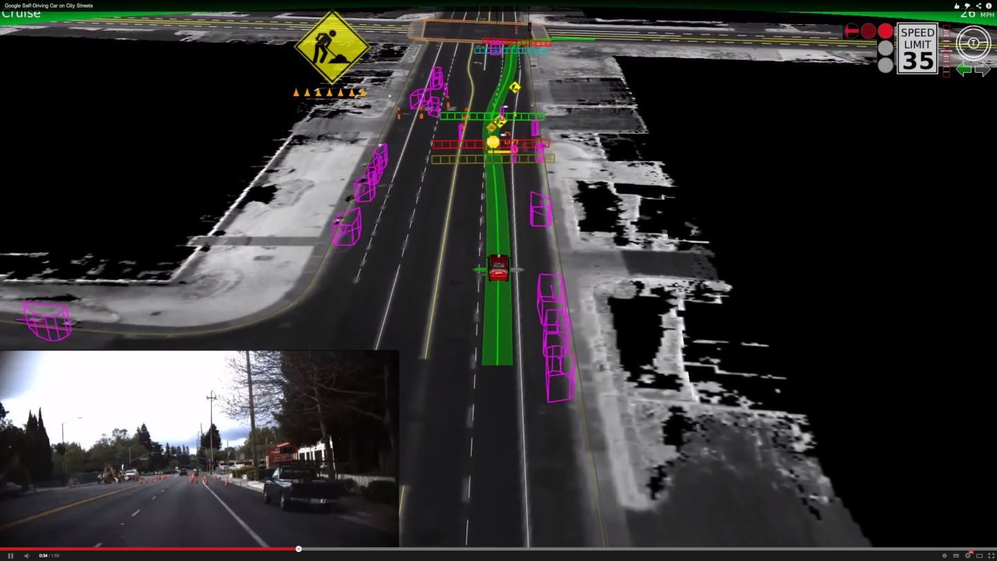 Google's self driving car negotiates a roadworks scenario