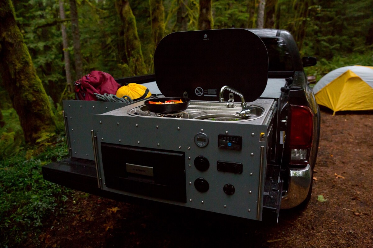 Talus brings cooking, electricity, water and cargo storage to the backcountry with its pickup-bed camper boxes