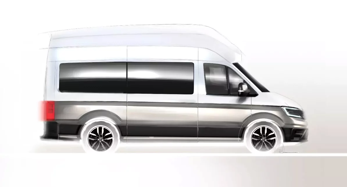 This sketch of the production Crafter camper van shows a standard van body and a high roof. VW used the high roof of the concept to house a bed, so we're thinking the production version will also have a roof bed, along with the rear bed