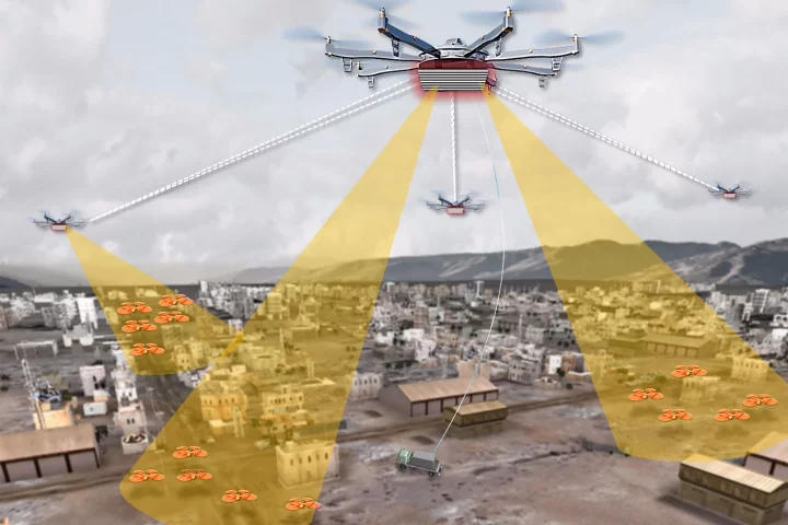 Artist’s concept shows elements of a notional Aerial Dragnet system – several UAS carrying sensors form a network that provides wide-area surveillance of all low-flying UAS in an urban setting