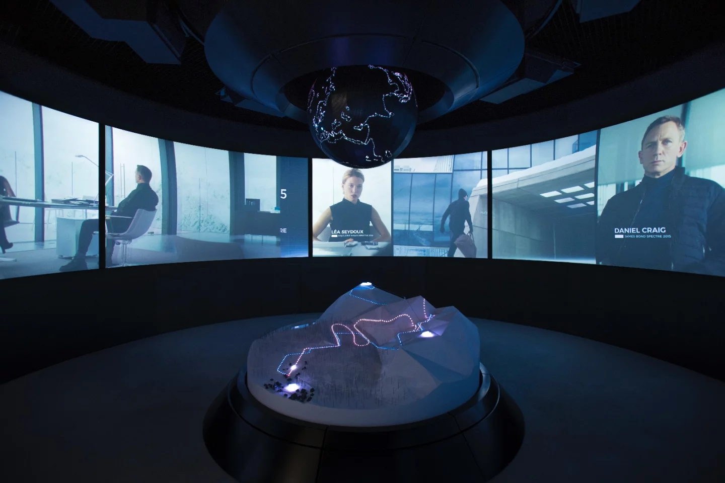 The 007 Elements exhibition spaces have novel names like the "Lair" and "Briefing Room," with sculptures, viewings of previous Bond movie action sequences, and more