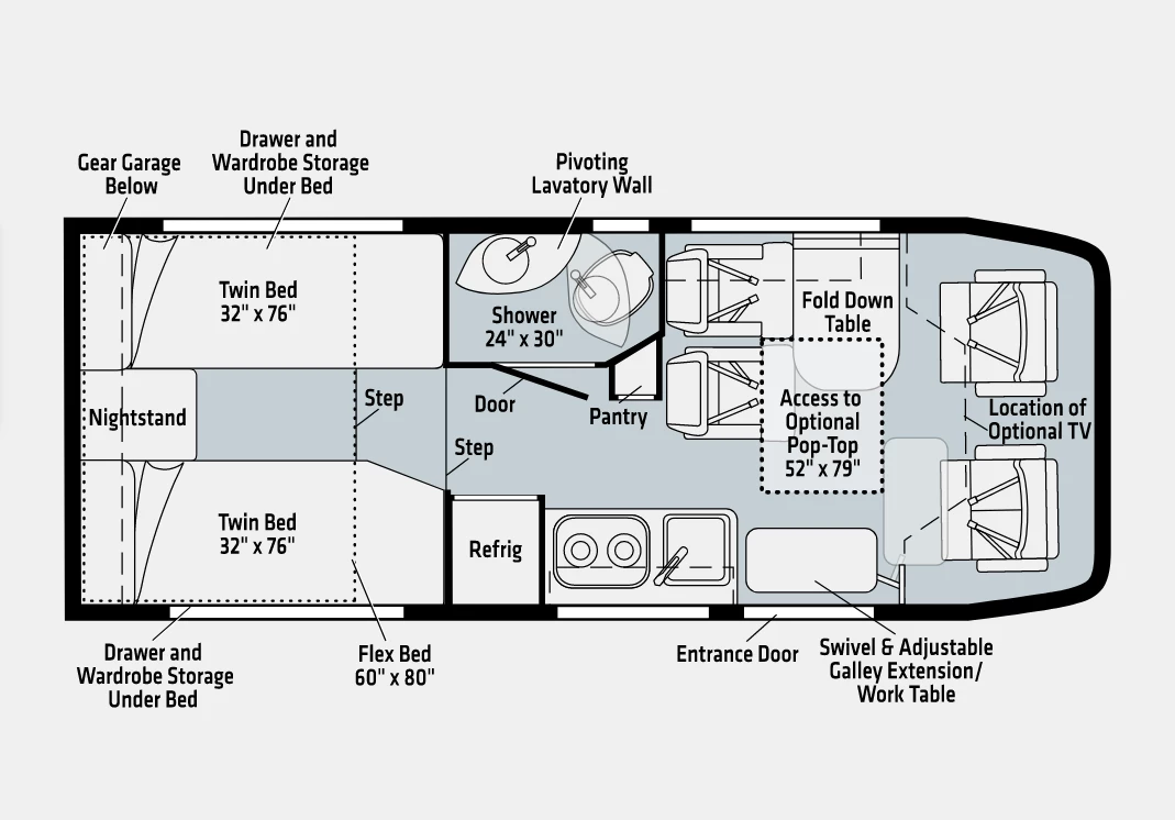 The 22A floor plan is the one pictured, offering a compact vehicle size with plenty of interior comfort (pop-up sleeper roof optional to add two berths)