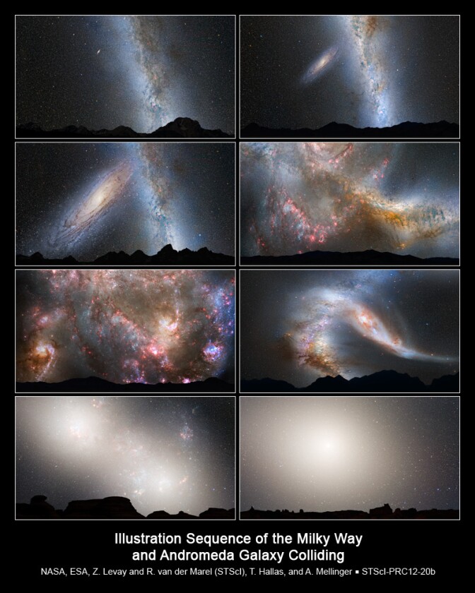 Mosaic image of Earth's nighttime sky as the collision of M31 and the Milky Way unfolds:1. (Upper left): Present Day - the bright belt of our Milky Way stretches across the sky, while the Andromeda galaxy looks like a faint spindle, several times the diameter of the full Moon.2. (Upper right): 2 Billion Years - M31's approaching disk is noticeably larger.3. (2nd row left): 3.75 Billion Years - M31 fills the field of view. The Milky Way begins to show distortion due to tidal pull from Andromeda.4. (2nd row right)-5(3rd row left): 3.85-3.9 Billion Years - during the first close approach, the sky is ablaze with new star formation, which is evident in a plethora of emission nebulae and open young star clusters.6. (3rd row right): 4 Billion Years - After its first close pass, Andromeda is tidally stretched out. The Milky Way, too, becomes warped.7. (Final row left): 5.1 Billion Years - During the second close passage, the two galactic cores maintain their separate identity. The level of star formation is much smaller because interstellar gas and dust has been reduced during earlier stages of the collision.8. (Final row right): 7 Billion Years - The merged galaxies form a huge elliptical galaxy, its bright core dominating the nighttime sky.