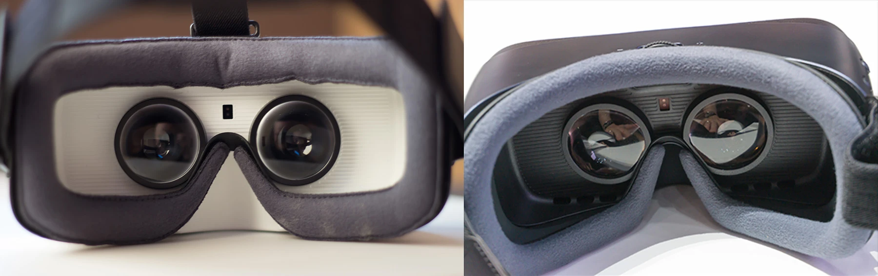 Older Gear VR with white interior on the left, next to new Gear VR with dark interior and wider-stretched face pad