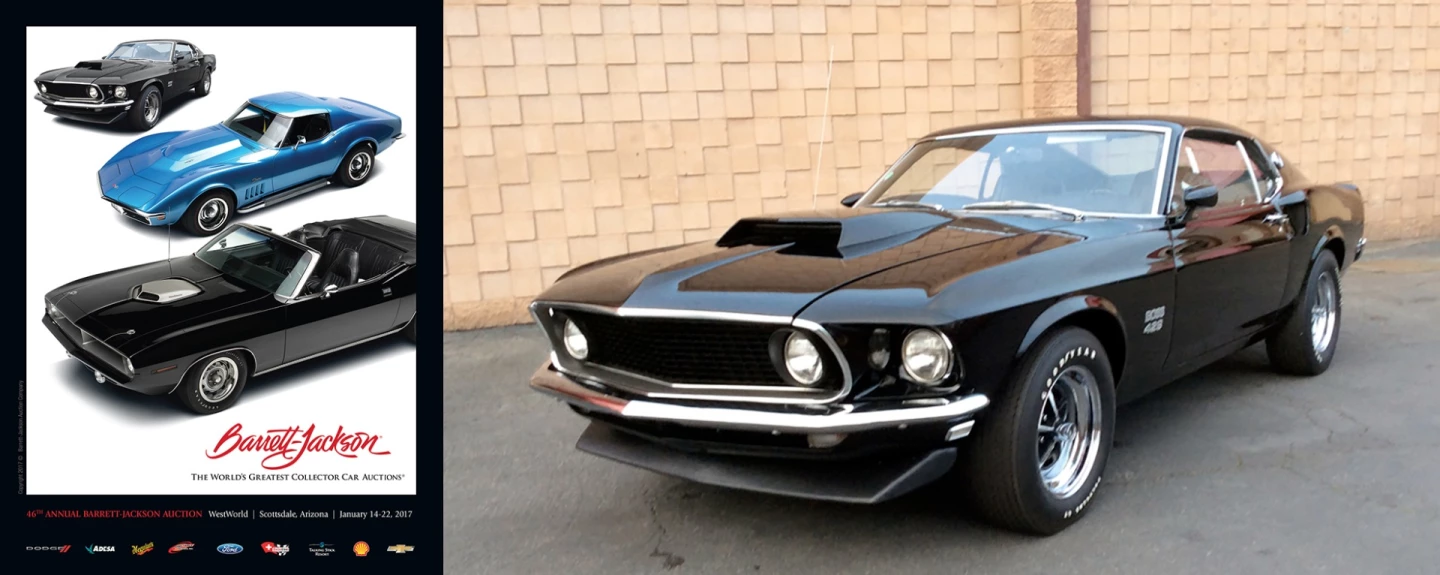 Cover car #3 by Barrett-Jackson is an original but fully-restored Boss 429 with Kar Kraft motor and extensive documentation as to its authenticity. Black Jade exterior and black interior. Despite this car's legendary performance, it was built in quantities too large (1358 in total) for the price to have yet climbed above the million dollar mark. The record price for the model is $605,000 achieved by Barrett-Jackson at this same auction ten years ago. Mecum sold a Boss 429 for $550,000 in Monterey in 2013, and Barrett-Jackson sold one for the same amount at Scottsdale in 2015. There have been numerous sales over $250,000 in recent years so we can't wait to see what this one fetches.