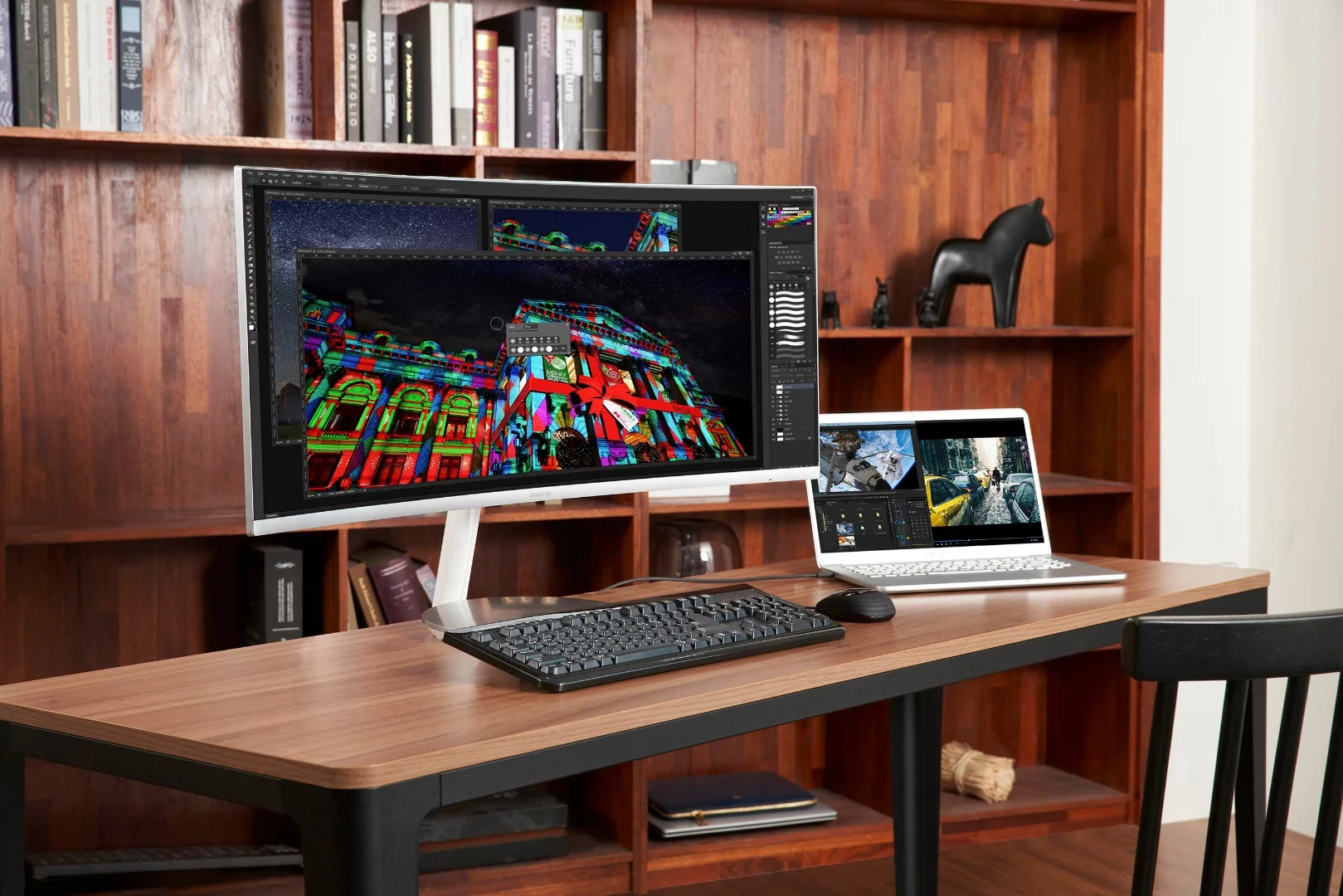 Samsung's CJ79 model is the headliner of the new QLED curved monitors, measuring 34 in, with an aspect ratio of 21:9, and a resolution of 3,440 x 1,440