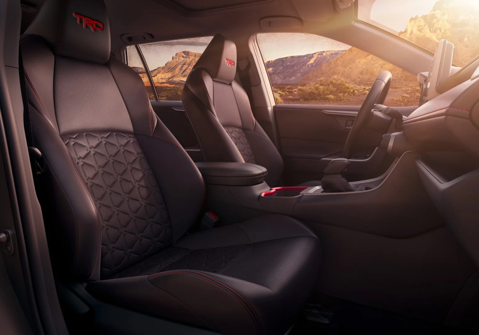 A tire tread pattern in the seats and TRD red stitching are more signs that this RAV4 model is a TRD Off-Road