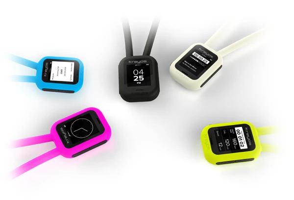 The Kreyos Meteor smartwatch can be worn around the neck with a lanyard, which come in a range of different colors