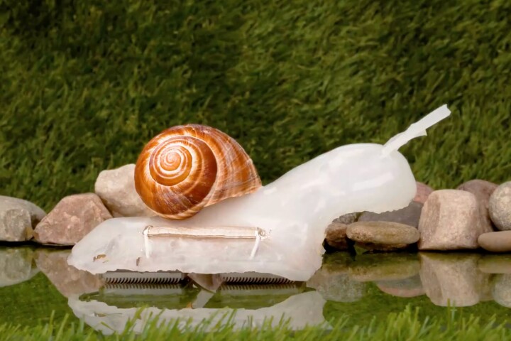 An external strip of the gel connects the battery to the motor on this soft robotic snail