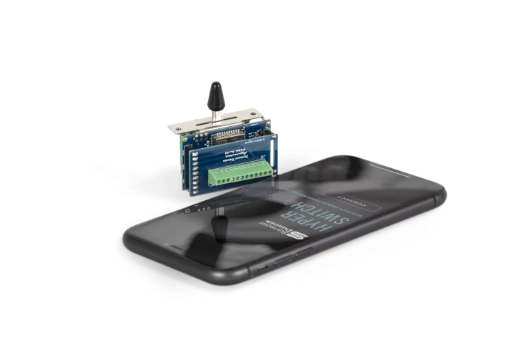 The HyperSwitch is compatible with most passive pickups, and allows players to design, store and recall custom pickup configurations using a mobile app