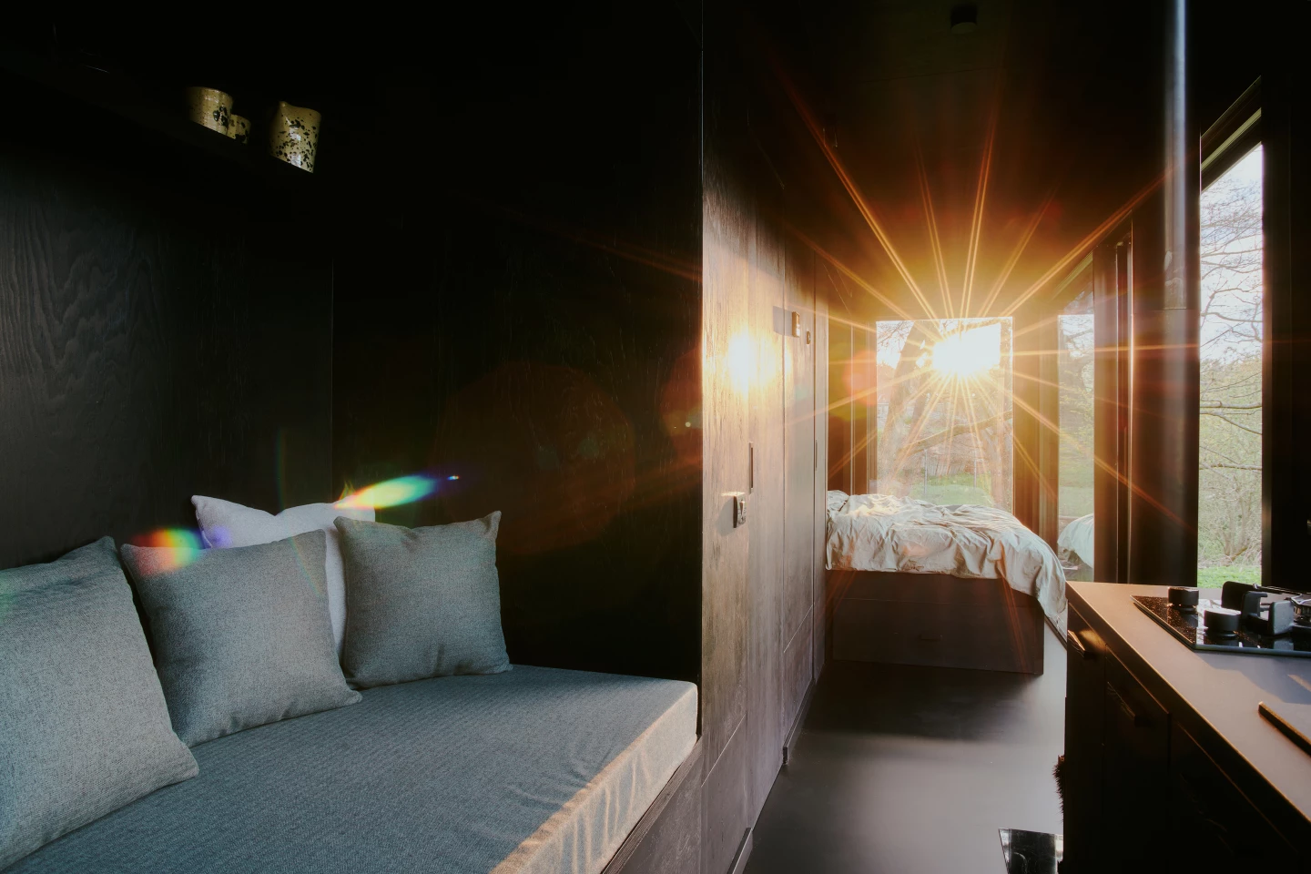 Raus x Wehrmuehle's interior is finished in black timber, to try and avoid reflections in the windows as much as possible