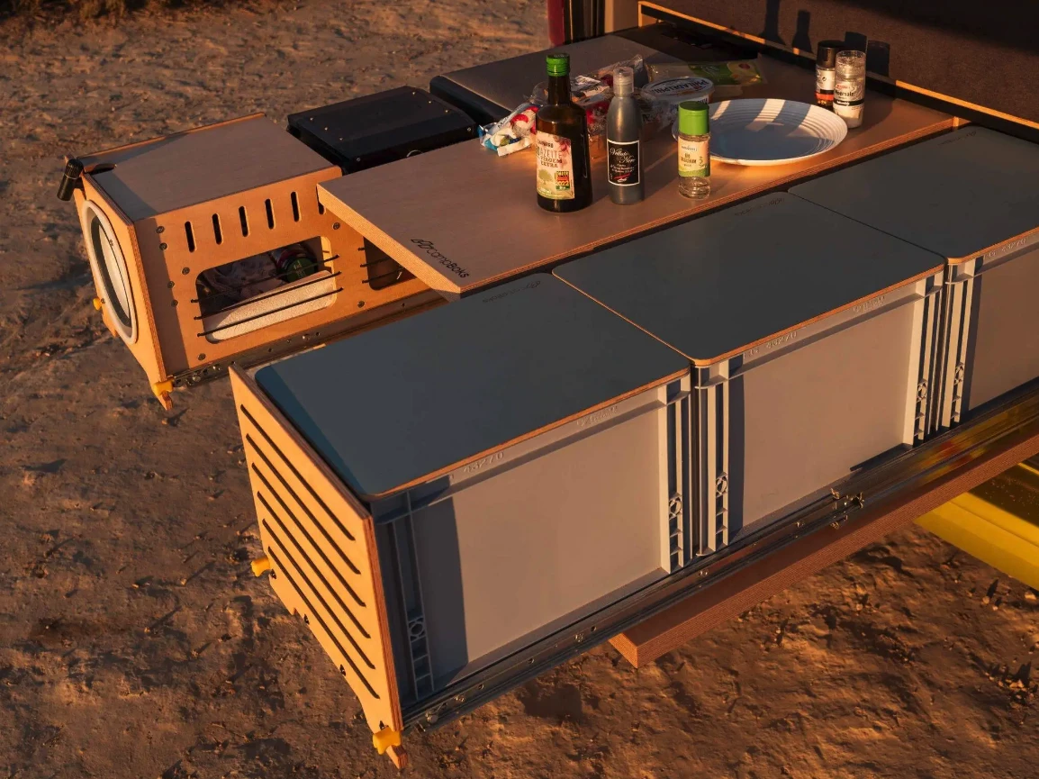 The Campboks offers way more work space than other camper box systems thanks to its slide-out dining table and available Eurobox tops