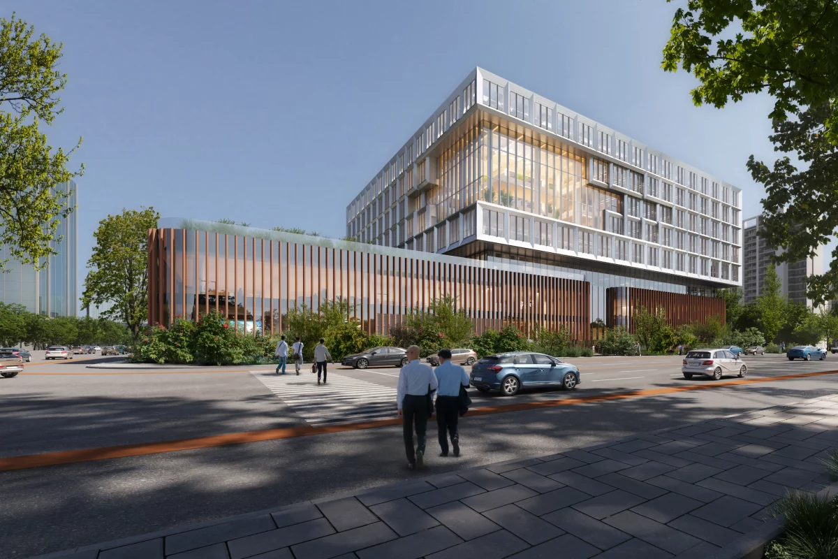 The Shanghai World Laureates Association Artificial Intelligence Lab will be split into two main parts: a lower area envisioned as a computer's motherboard and an upper box conceived as a CPU