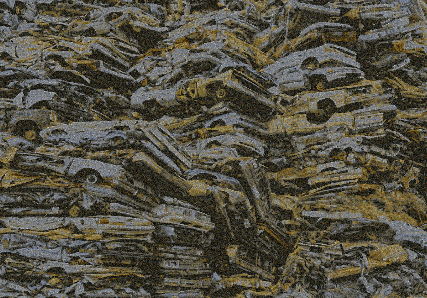 260,000 car keys, one for each gallon of gasoline burnt in US motor vehicles every minute, form a pile-up of totaled cars (Photo: Chris Jordan)
