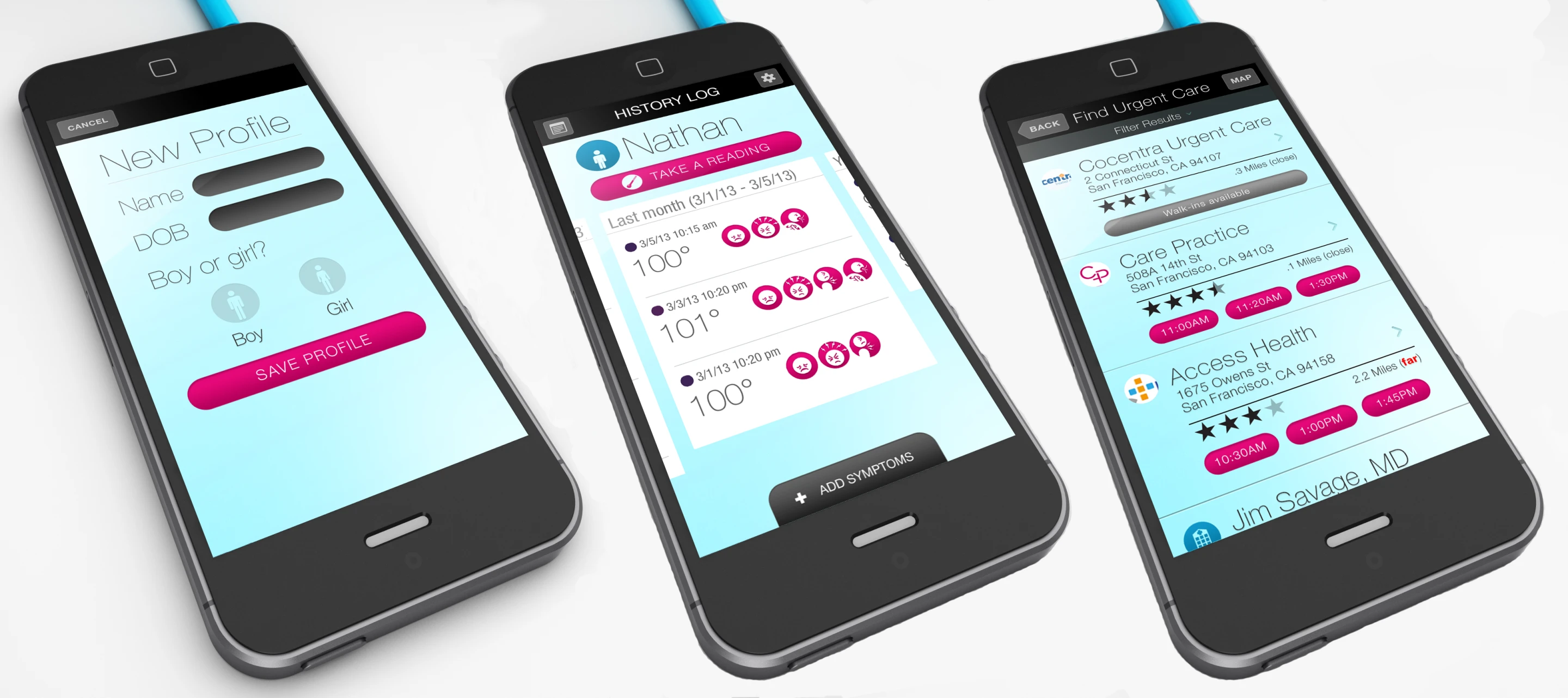 The Kinsa app allows users to keep ongoing patient profiles, and to look for openings at local medical clinics