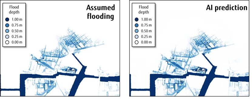 Flood modeling as predicted by the new AI model as the result of a simulated earthquake, compared to the modeling used by the Cabinet Office of Japan