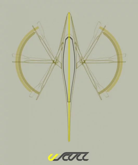 A top view of the scull with oar action visible.