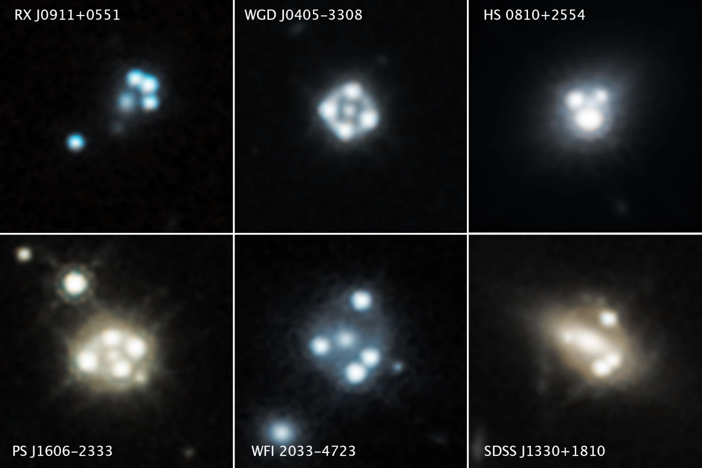The quasars are all distorted through gravitational lensing, appearing as four spots of light