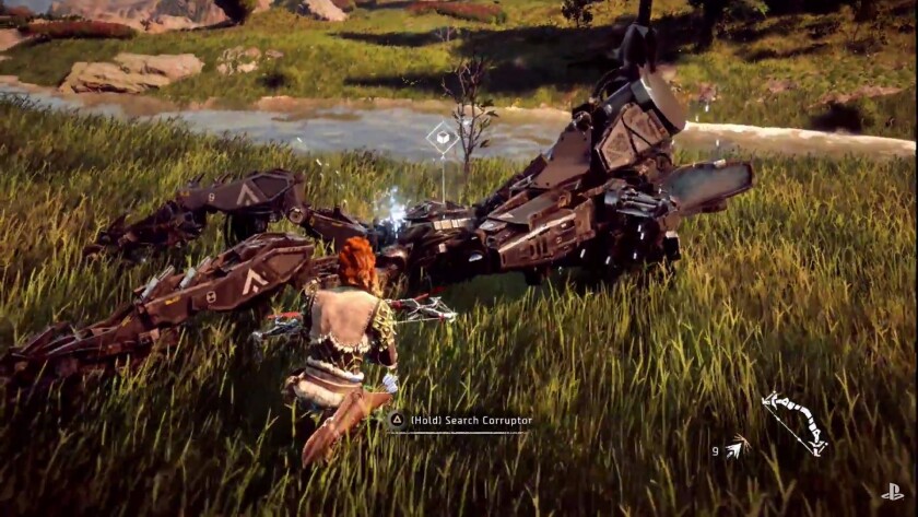 Gameplay of Horizon: Zero Dawn, which pits bow-and-arrow wielding humans against robotic dinosaurs, was on show at E3