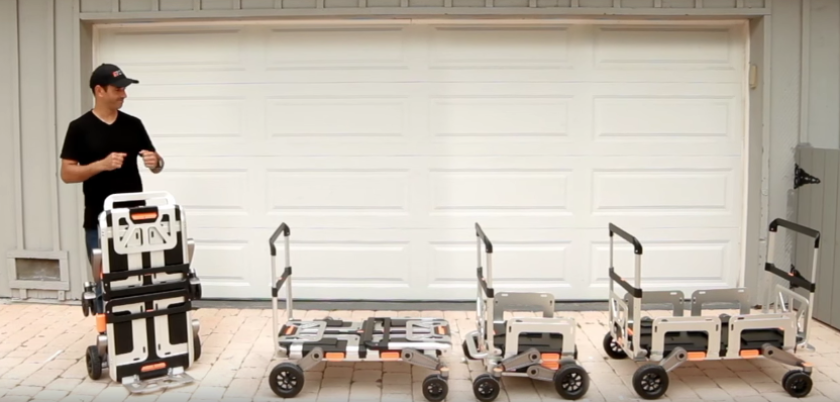 The Erovr as a hand truck, open flat cart, half cart and wagon (left to right)