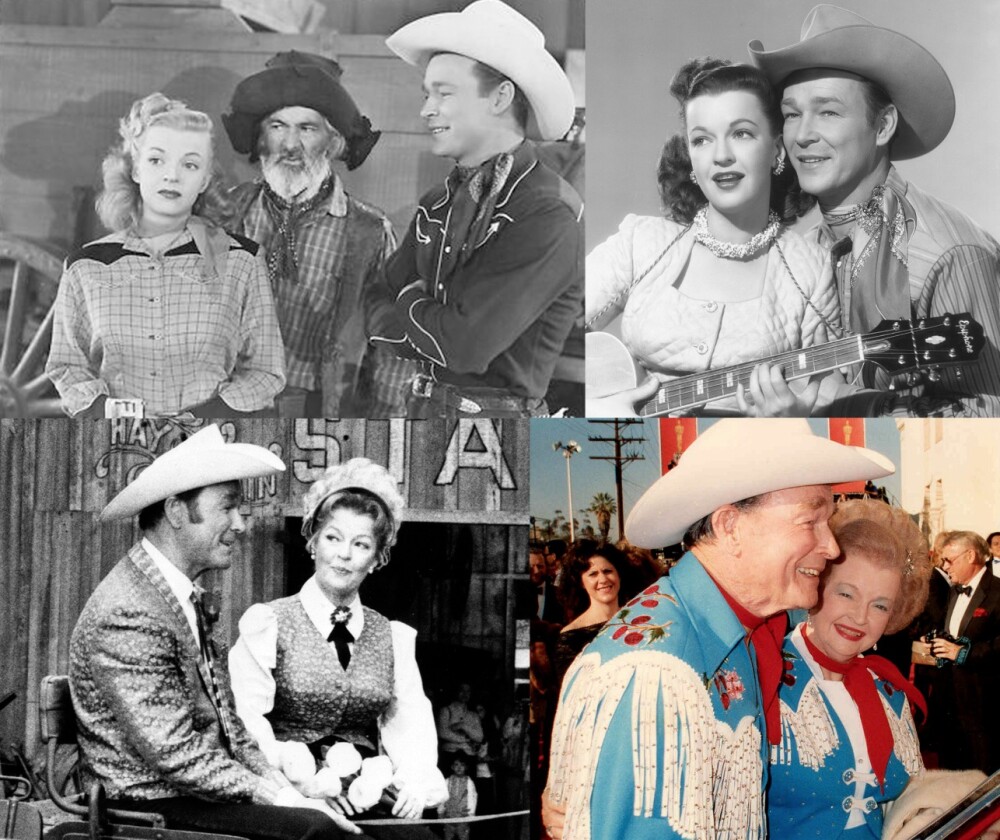 These four images capture the stages of the 50 year marriage, from the initial movie through the years of film and television, through the thousands of live shows the couple did during their fifties and sixties, through to their appearance in matching Nudie suits at the 61st Academy Awards in 1989. Rogers was 79, Evans 78.