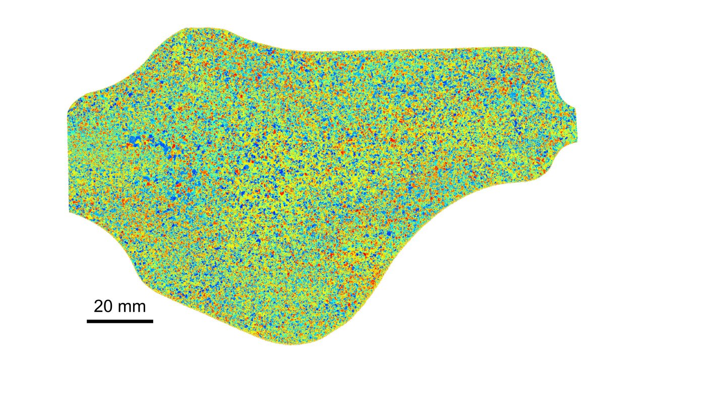 A scan of titanium produced through a novel laser ultrasound technique called SRAS++, which has the ability to measure the orientation and elasticity of individual crystals making up the material