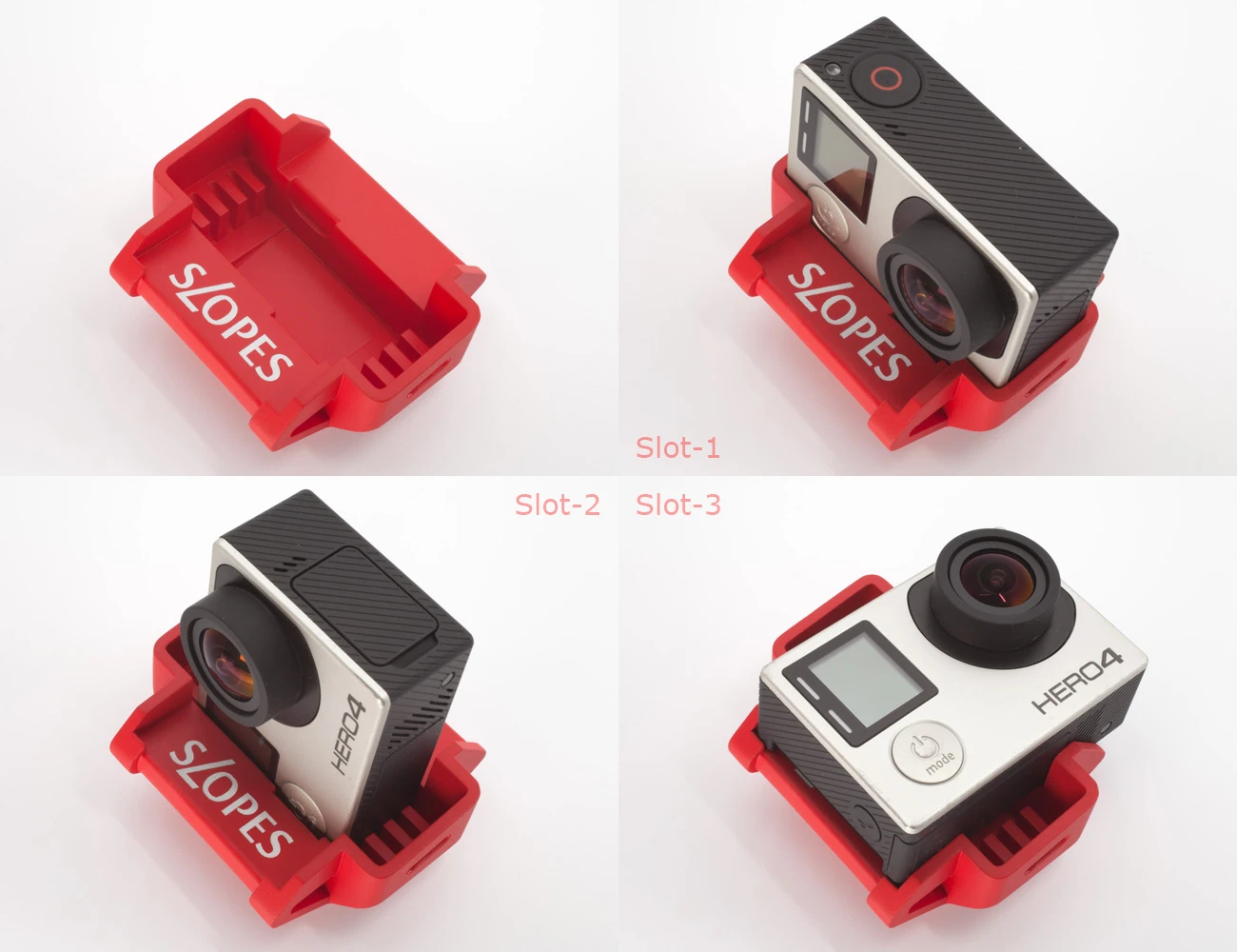 Slopes allows a GoPro camera to be mounted in three different ways