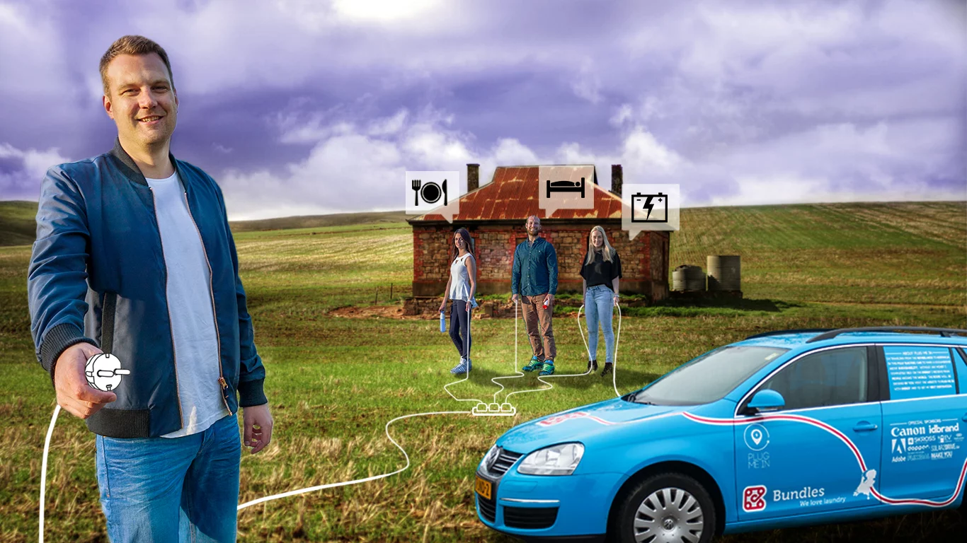 Supporters of the Plug In Project can offer Wiebe Wakker food, shelter or somewhere to charge his Blue Bandit electric car