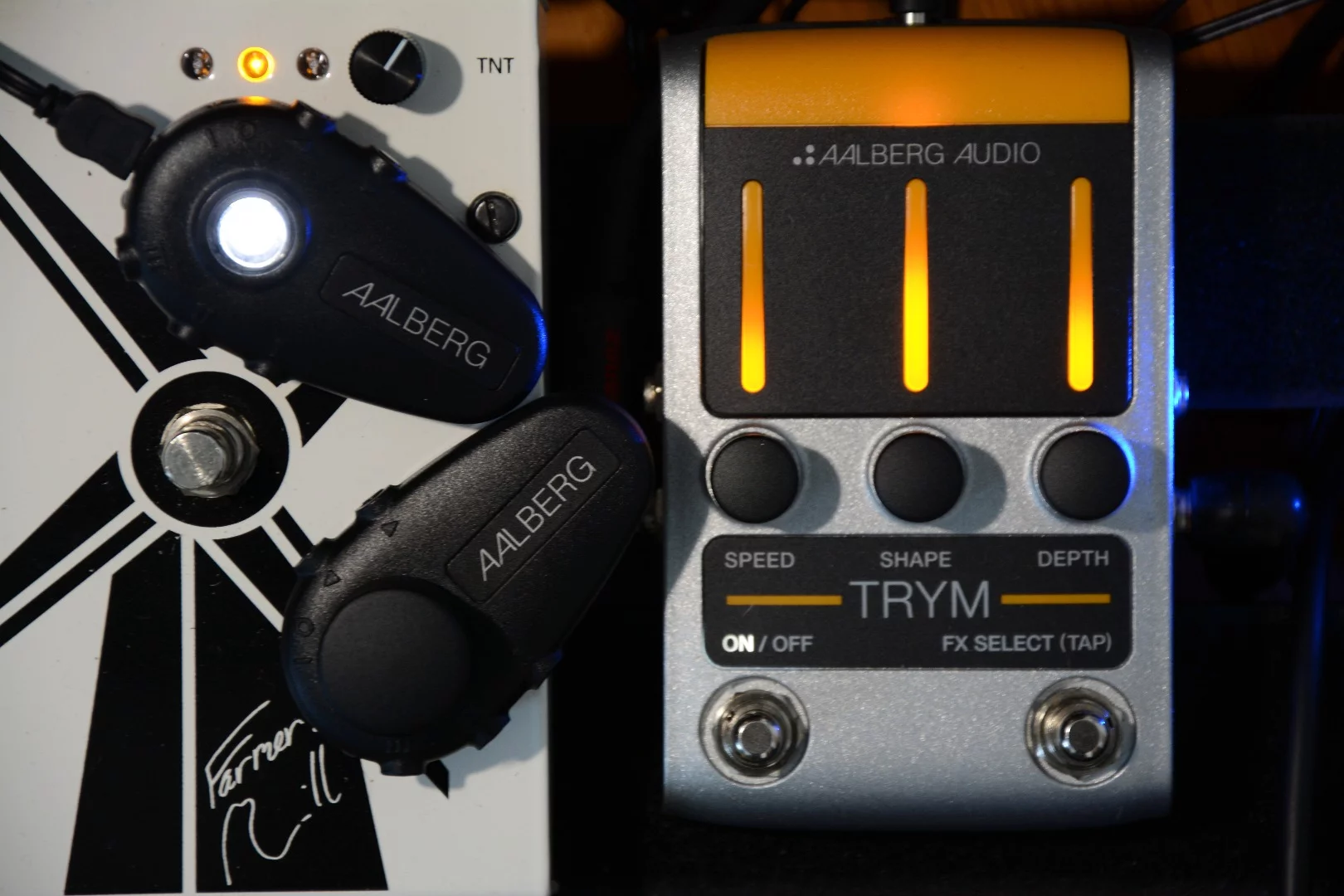 The Aero can wirelessly control the Moon MO-1 channel switcher and any of Aalberg's range of pedals, including the Trym shown here on our pedalboard