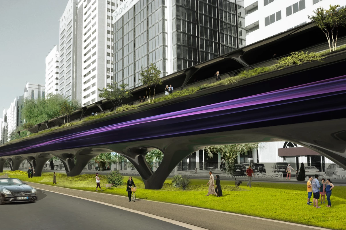 In busier areas, sections of the solar arrays atop the hyperloop system would be swapped out for green walkways for pedestrians