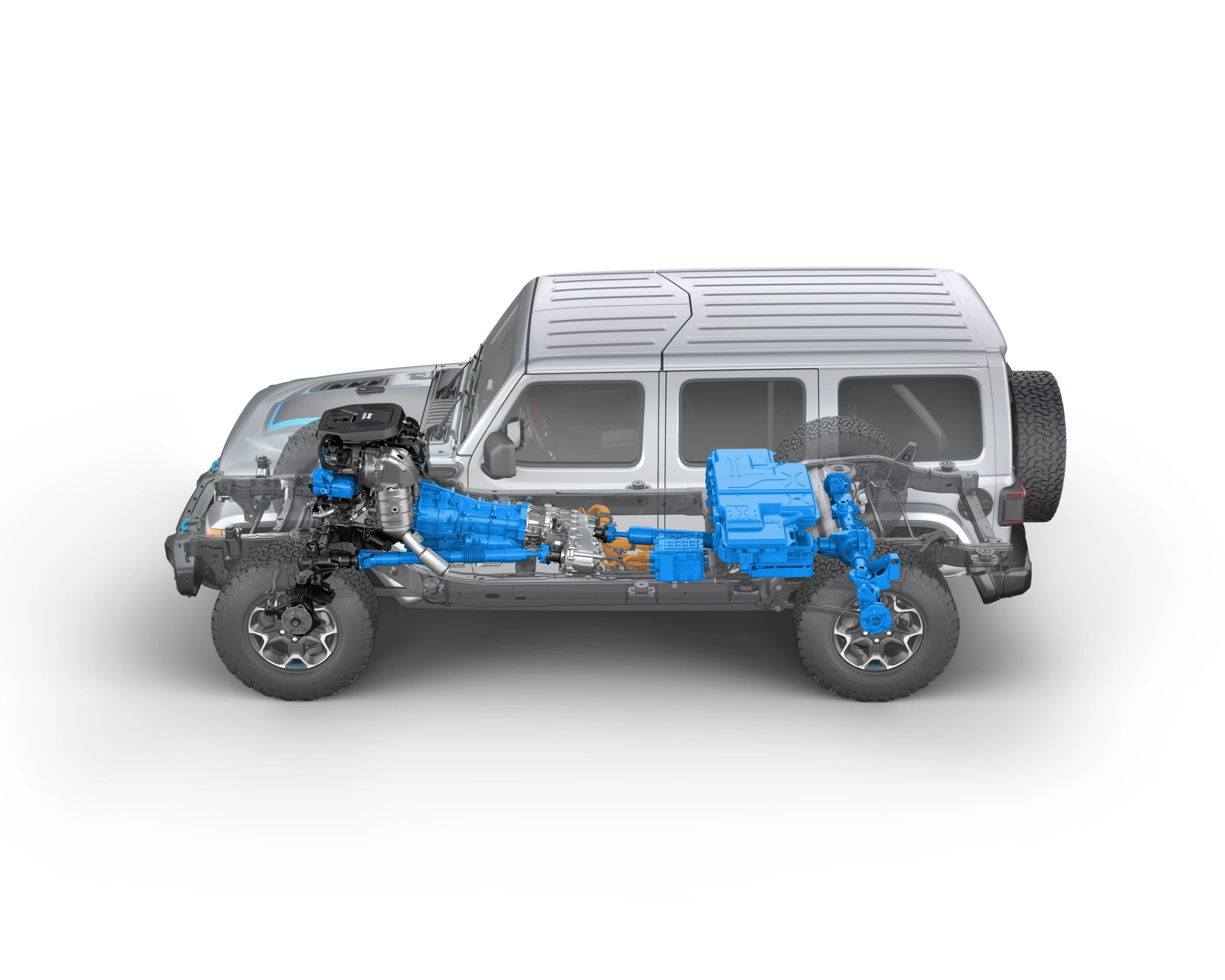 Side view of the 2021 Jeep Wrangler Rubicon 4xe hybrid electric – highlighted components are unique to the Wrangler 4xe
