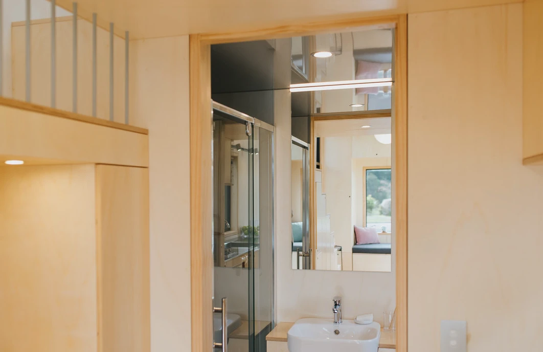 The First Light Tiny House has a small bathroom