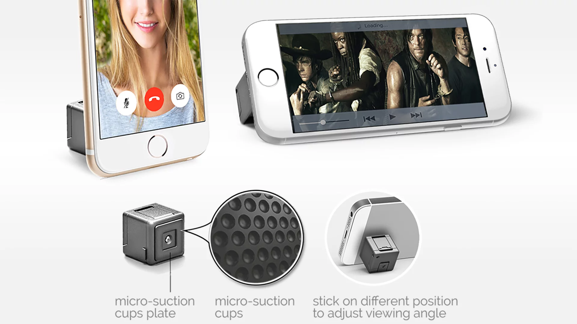 The WonderCube has a micro-suction cup plate on one side, meaning you can fix it to the back of a smartphone and use it as a stand