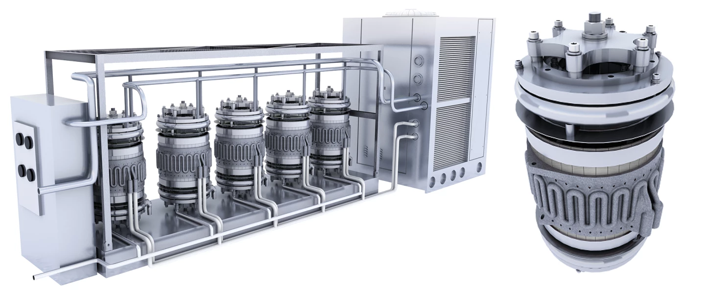Syzygy's Rigel photocatlytic reactor is about the size of a washing machine (right) but it can be deployed in banks