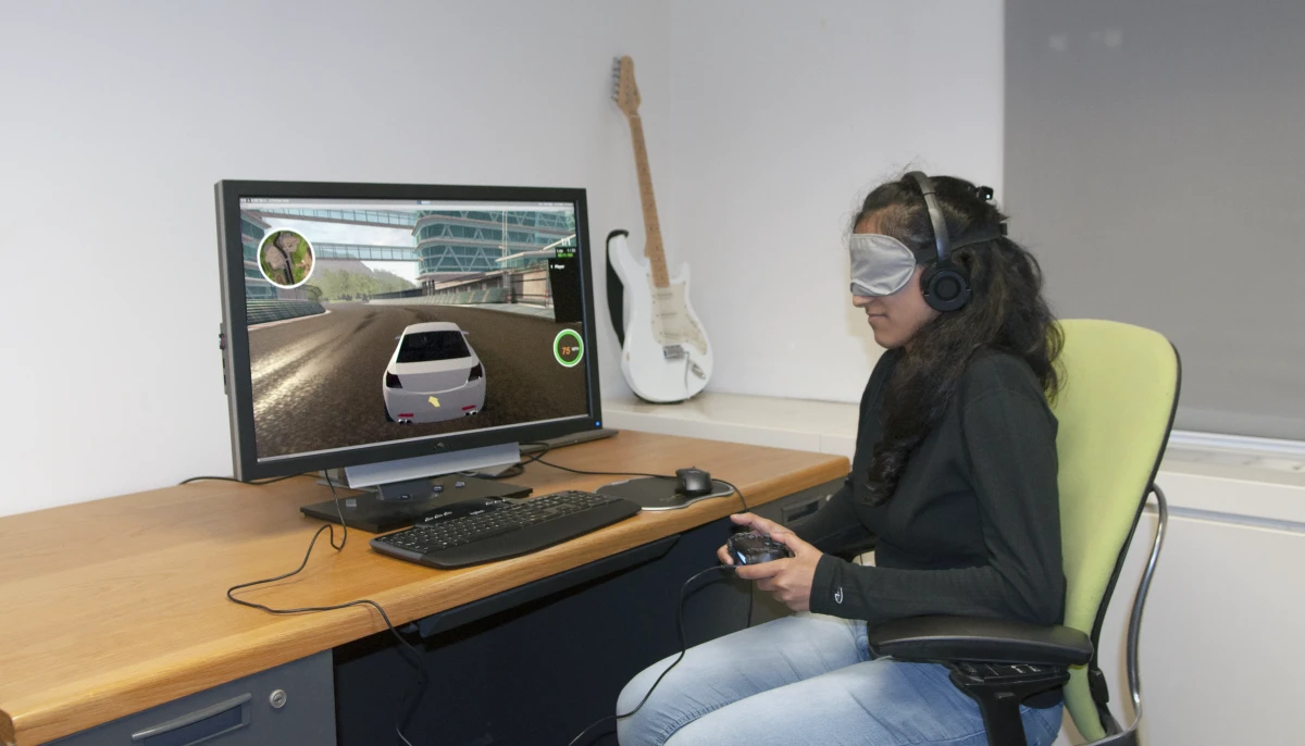A blindfolded test subject tries out the RAD