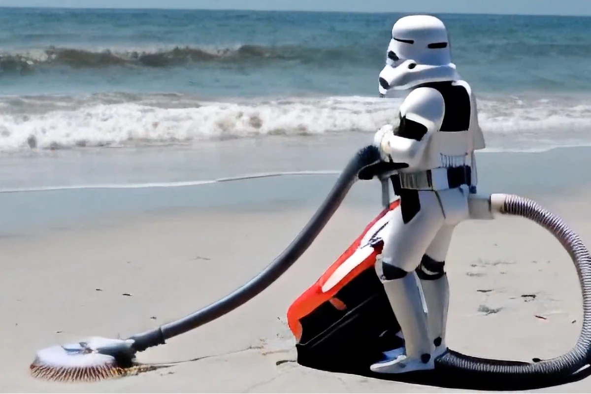 A stormtrooper vacuums at the beach ... except the vacuum head is a pool cleaner and it's plugged into his butt. We live in interesting times